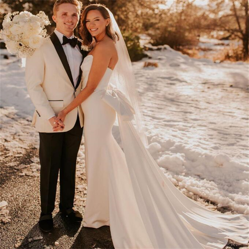 Stunning Mermaid Boho Wedding Dress 2023 Sweetheart Soft Satin Beach Bohemian Bridal Gowns Elegant Big Bow Garden Korean Bride robe mariee Femme vesti