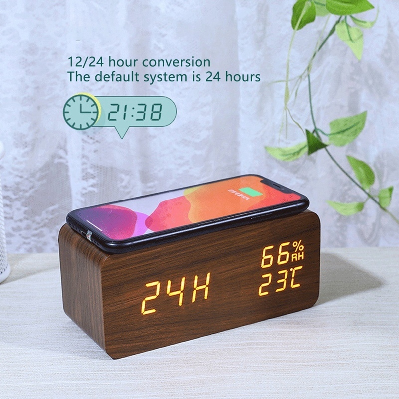 Floor Clocks Digital Alarm Clock Wooden Temperature And Humidity LED Electronic Smartphone Wireless Charger 230613