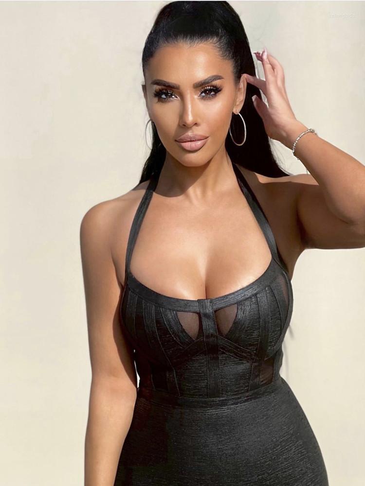 Casual Dresses Kors Summer Women Halter Backless Black Mesh Bronzing Bodycon Bandage Dress Evening Club
