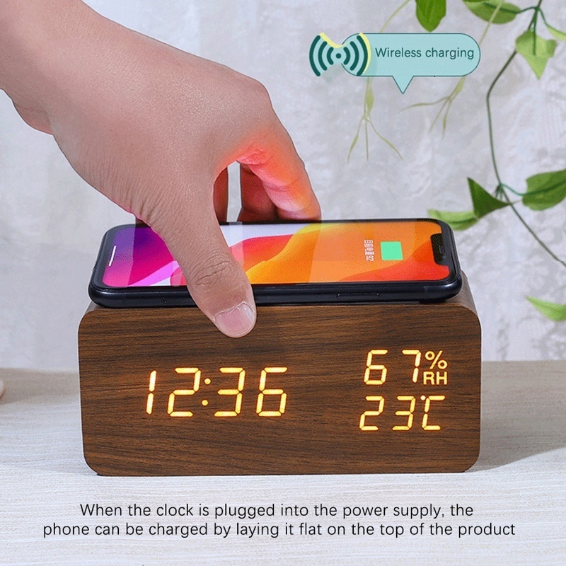 Floor Clocks Digital Alarm Clock Wooden Temperature And Humidity LED Electronic Smartphone Wireless Charger 230613