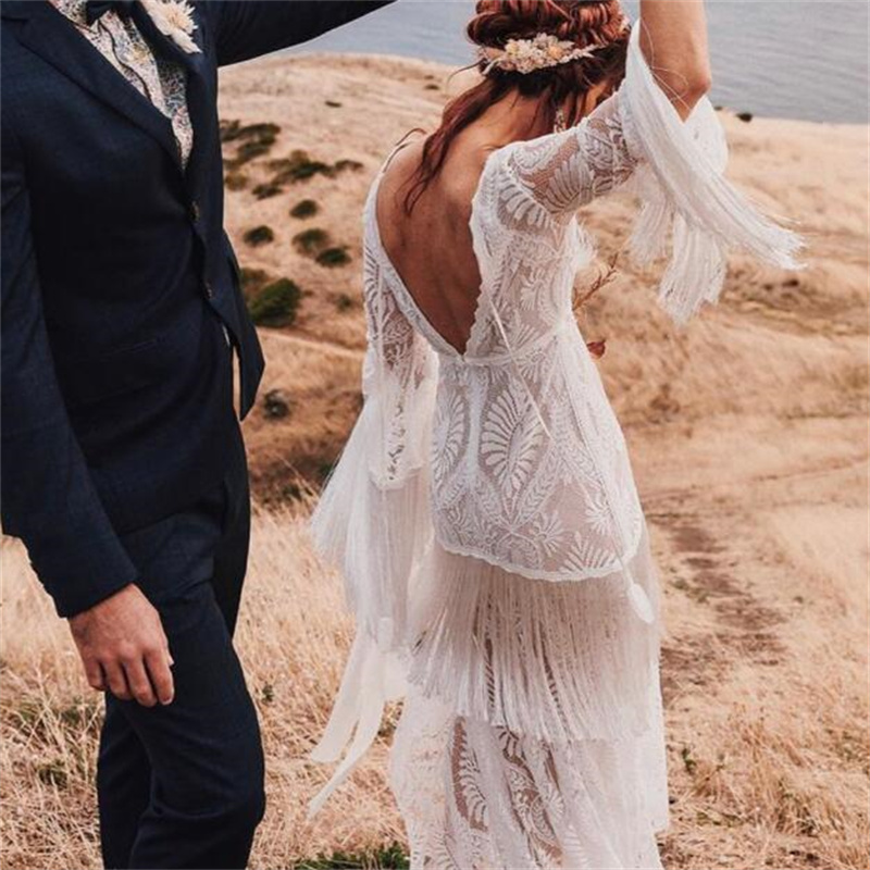 Hippie Crochet Lace Wedding Dress With Tassel Korean Fairy Long Sleeve Plus Size Bridal Gowns 2023 Backless Bohemian Beach Bride Vestidos De Novia Boh