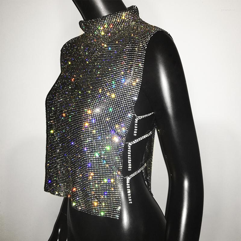 Women's T Shirts Sexy Rhie Backless Party Crop Top Women Glitter Turtleneck Tshirt Adjustable Metal Chain Summer Nightculb Dia B3