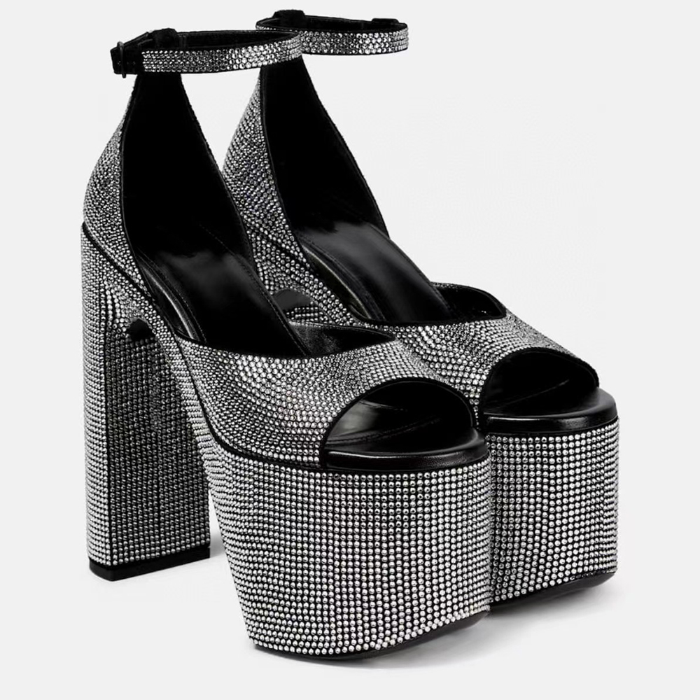 Rhinestone Sandals Womens Dress Shoes Camden 13cm Crystal embellished high heels women summer luxury designers Platform Chunky Heel Ankle Strap Banquet shoes, Fuchsia