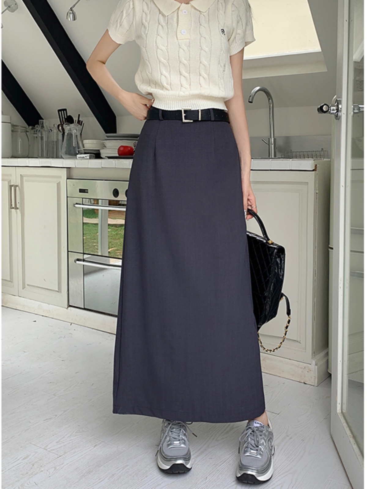 Womens high waist with belt sashes blazer suit a-line long skirt SMLXL
