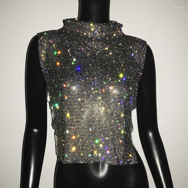 Women's T Shirts Sexy Rhie Backless Party Crop Top Women Glitter Turtleneck Tshirt Adjustable Metal Chain Summer Nightculb Dia B3