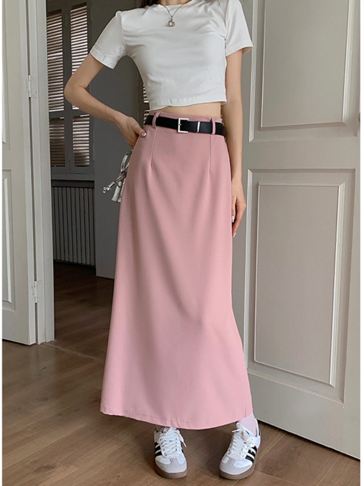 Womens high waist with belt sashes blazer suit a-line long skirt SMLXL