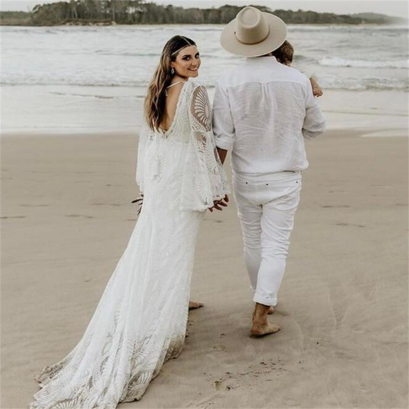 Plus Size Lace Beach Wedding Dress 2023 Elegant Long Sleeve Mermaid Boho Civil Bridal Dresses Flare Country Bohemian Backless Vestidos De Novia Boho R