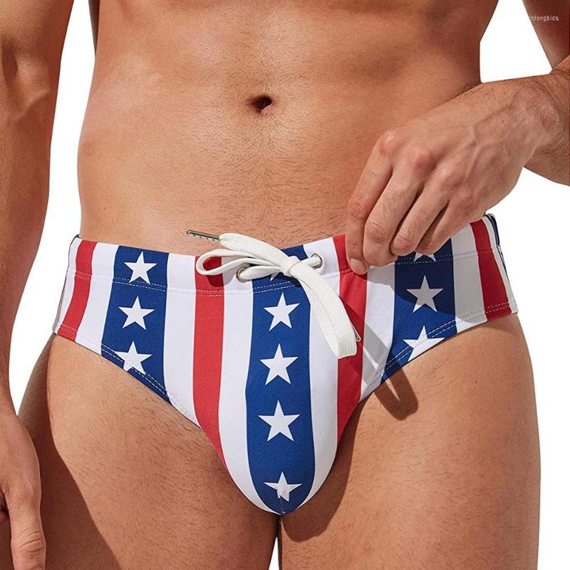 Men's Swimwear Independence Day USA Flag Stars Low Rise Swim Bikini Briefs Swimsuit Beach Shorts Swimming Trunks Pouch Padded Bathing Suit Pantie
