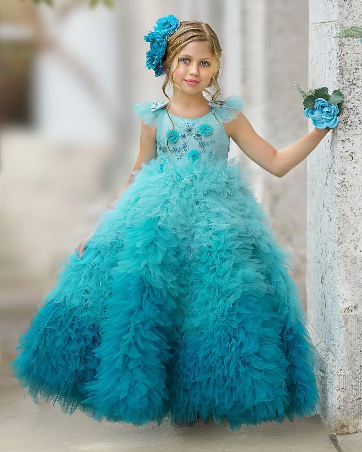 Ombre Blue Ruffle Girls Dresses Appliques Sleeveless Floral A Line Flower Girl Host Birthday Dress 0516