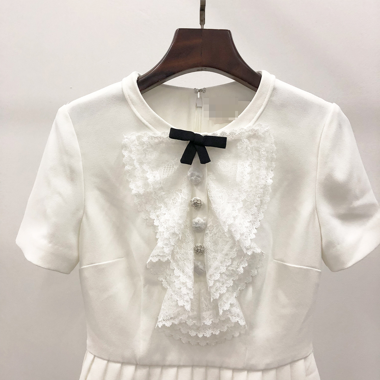 Casual Dresses S-elf Portrait White Bow Lace Sweet Pleated Dress
