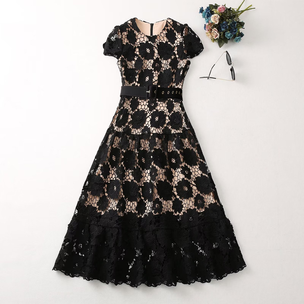 Casual Dresses S-elf-Portrait Lace Midi Dress Round Neck Short Sleeve A-line Dress for Women