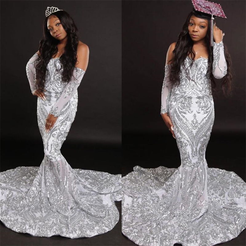 Silver Sequin Black Girls Prom Dress 2023 Sparkle Sweetheart Mermaid Tight Plus Size Evening Gowns African Women Formal Party robe de soiree vestido d