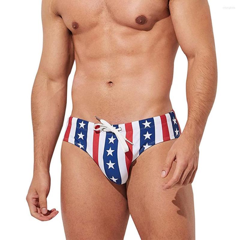Men's Swimwear Independence Day USA Flag Stars Low Rise Swim Bikini Briefs Swimsuit Beach Shorts Swimming Trunks Pouch Padded Bathing Suit Pantie