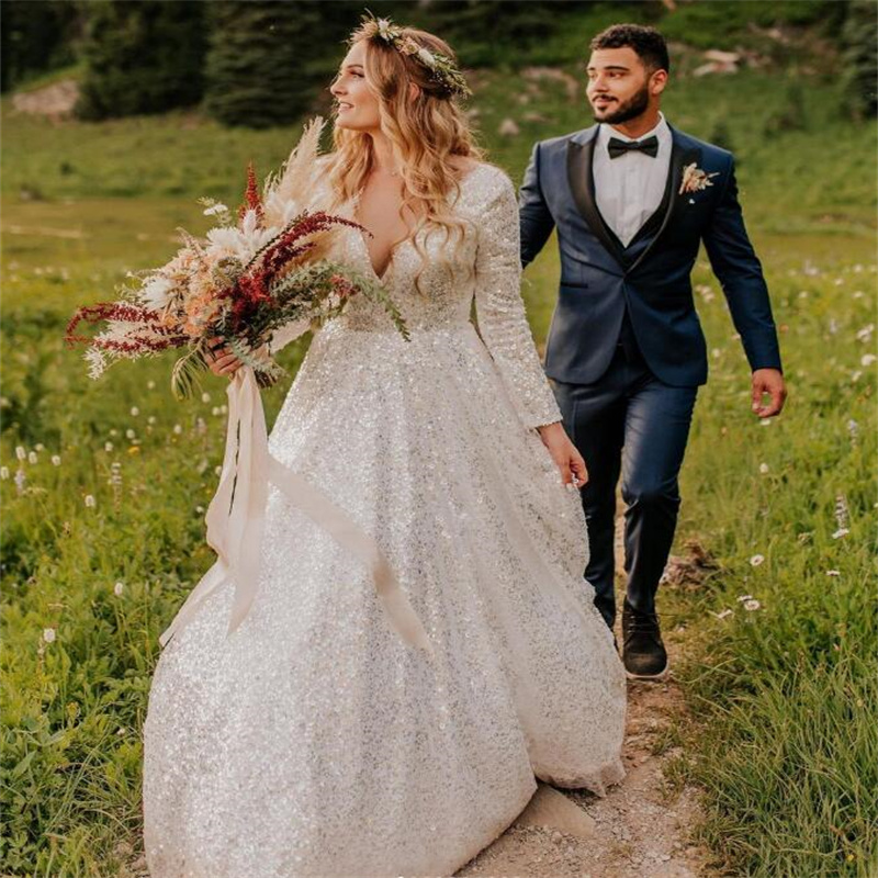 Bling Sequin Wedding Dress 2023 Sexy V Neck Country Outdoor Bridal Gowns Floor Length Long Sleeve Garden Backless Sparkle Bride Vestidos De Novia hipp