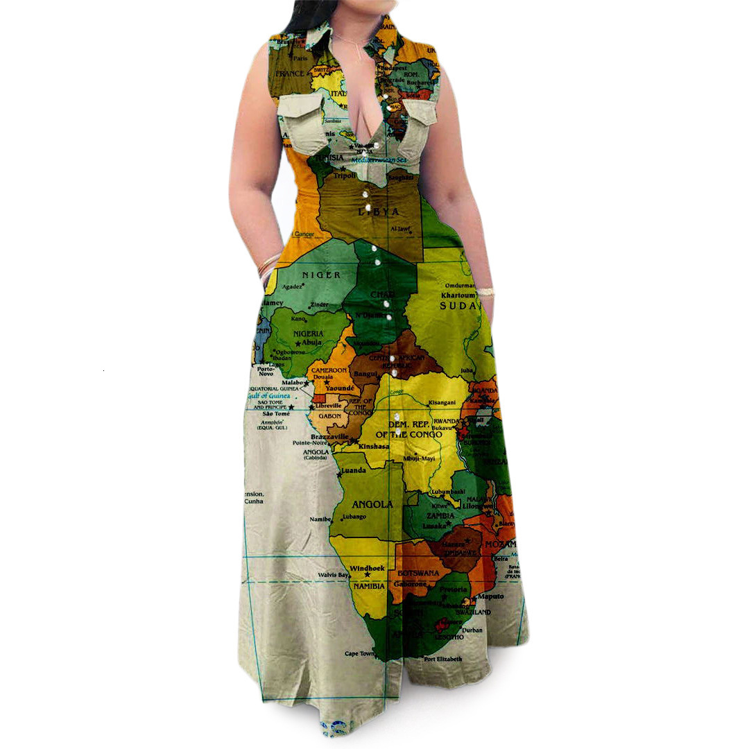 Plus size Dresses Fashion Summer Size Dress Casual Map Printing Sleeveless Lapel Shirt Maxi Long Dresse Wholesale Drop 230613