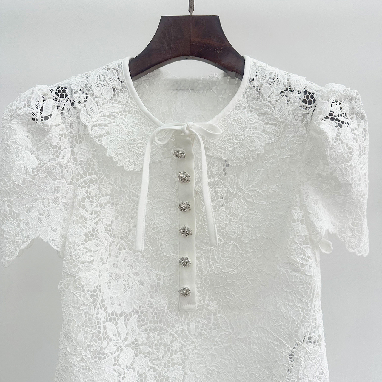 Casual Dresses New S/elf Portrait Lace Hook Flower Elegant Short Sleeve Shirt+Half Skirt Set
