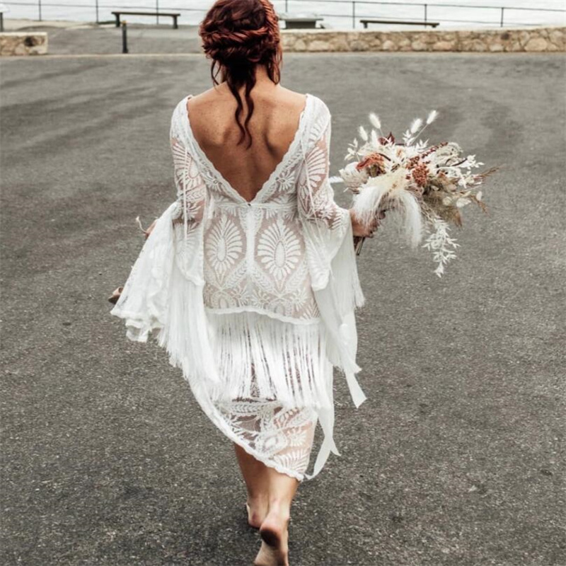 Hippie Crochet Lace Wedding Dress With Tassel Korean Fairy Long Sleeve Plus Size Bridal Gowns 2023 Backless Bohemian Beach Bride Vestidos De Novia Boh