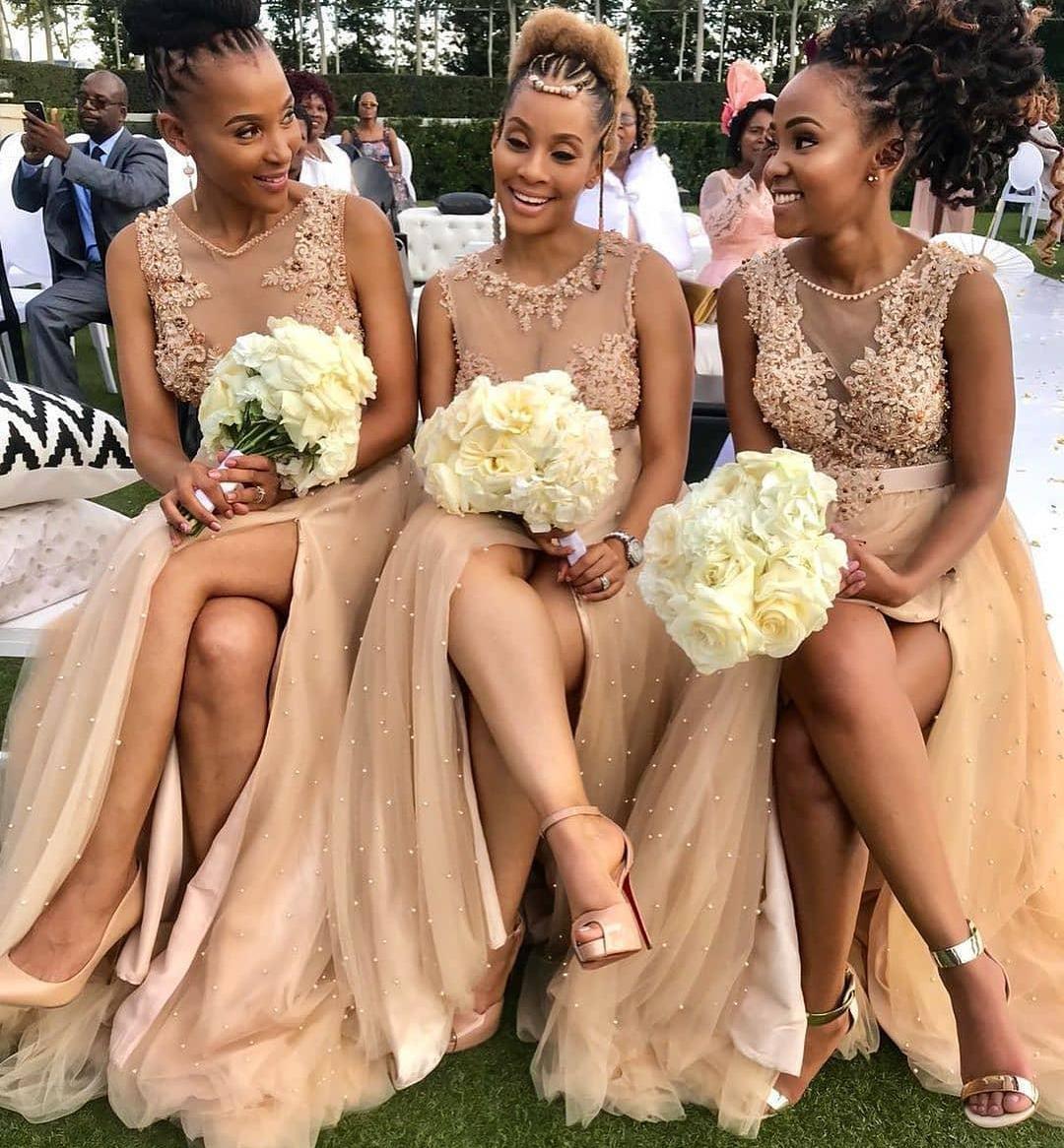 Aso Ebi 2023 Arabic Champagne Sexy Bridesmaid Dresses Lace Pearls Wedding Guests Dresses High Split Formal Party Evening Prom Gowns