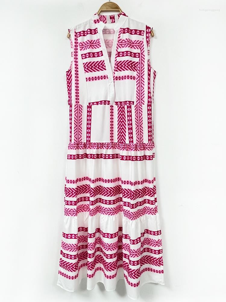 Bohemian Women's Summer Maxi Dress V-Neck Sleeveless Ankle Length Geometric Print Casual Beach Vacation Outfit Polyester Fuia