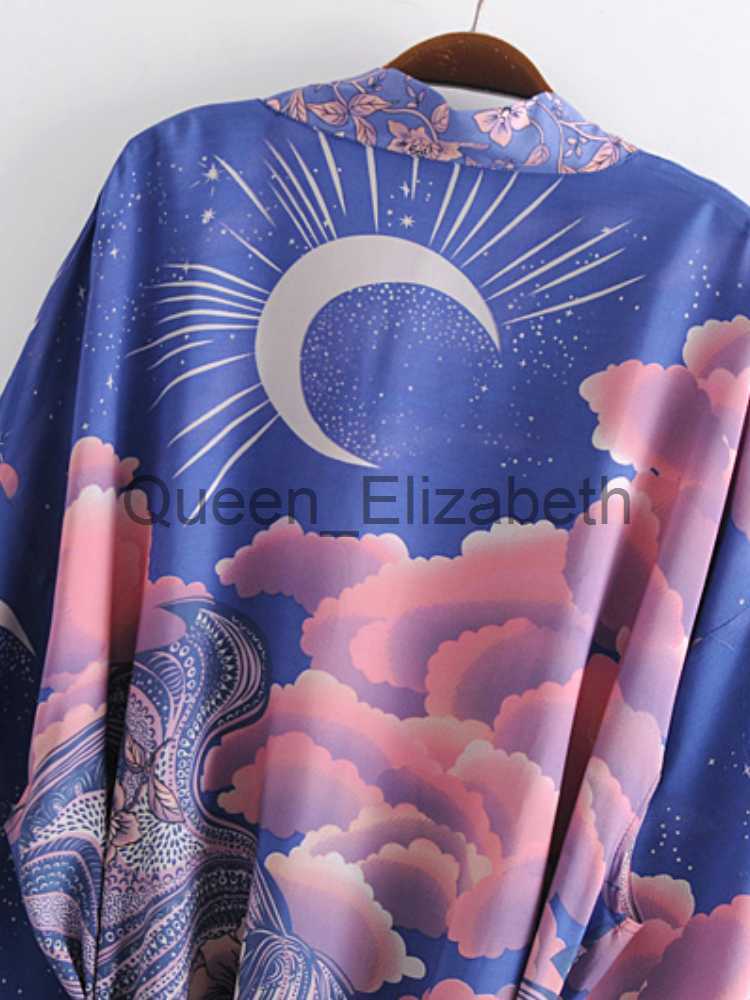 Casual Dresses Boho Vintage Star and Moon Floral Print Sashes Women Bohemian V Neck Batwing Sleeves Happie Short Robe Kimono Dress Cover-ups J230614