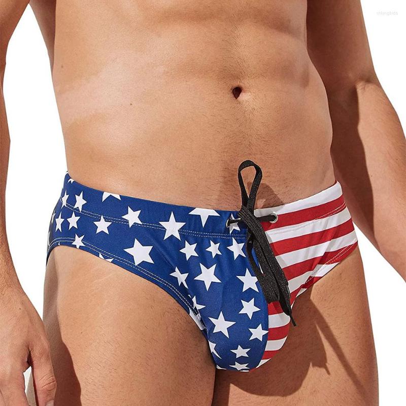 Men's Swimwear Independence Day USA Flag Stars Low Rise Swim Bikini Briefs Swimsuit Beach Shorts Swimming Trunks Pouch Padded Bathing Suit Pantie
