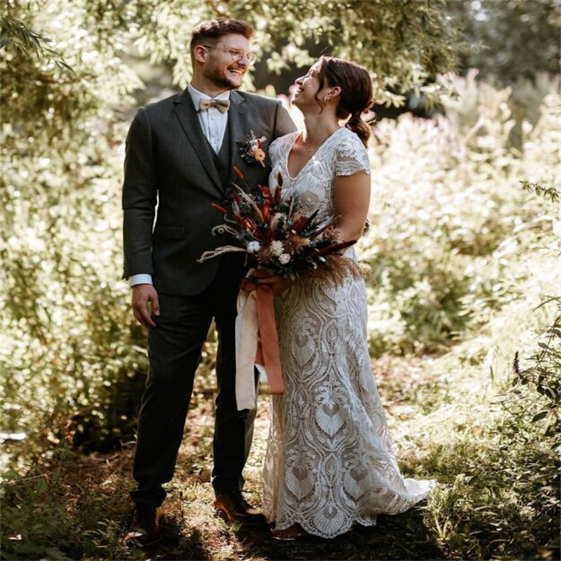 Plus Size Full Lace Bohemian Wedding Dress 2023 Cap Sleeves Mermaid Country Bridal Gown Sexy Open Back Elegant Women Civil Bride robe mariee Femme ves
