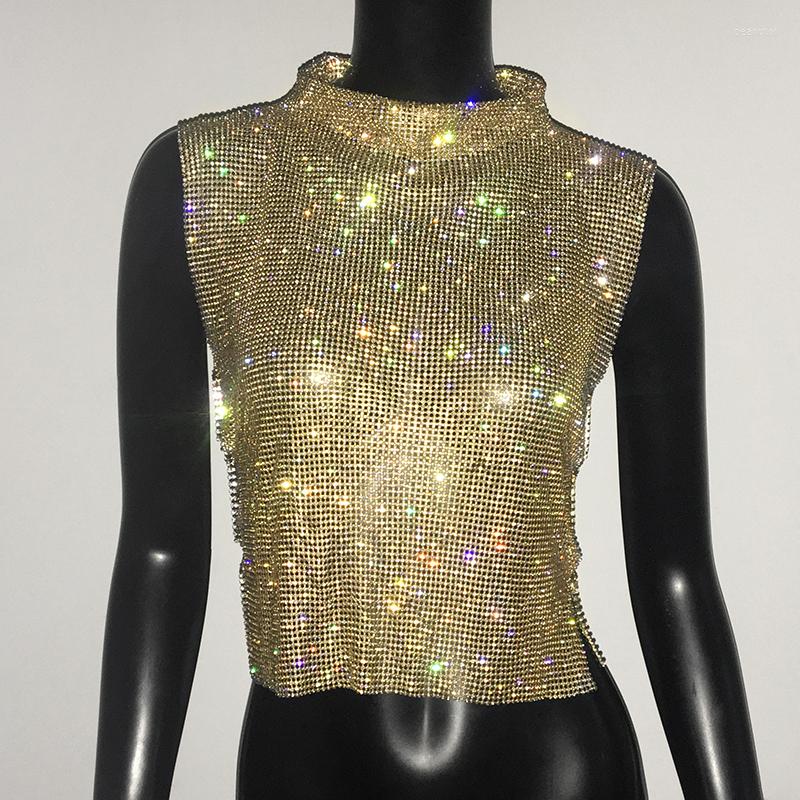 Women's T Shirts Sexy Rhie Backless Party Crop Top Women Glitter Turtleneck Tshirt Adjustable Metal Chain Summer Nightculb Dia B3