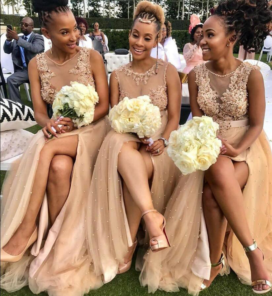 Aso Ebi 2023 Arabic Champagne Sexy Bridesmaid Dresses Lace Pearls Wedding Guests Dresses High Split Formal Party Evening Prom Gowns
