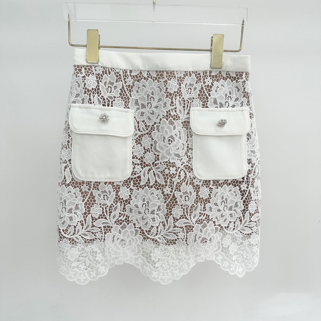 Casual Dresses New S/elf Portrait Lace Hook Flower Elegant Short Sleeve Shirt+Half Skirt Set