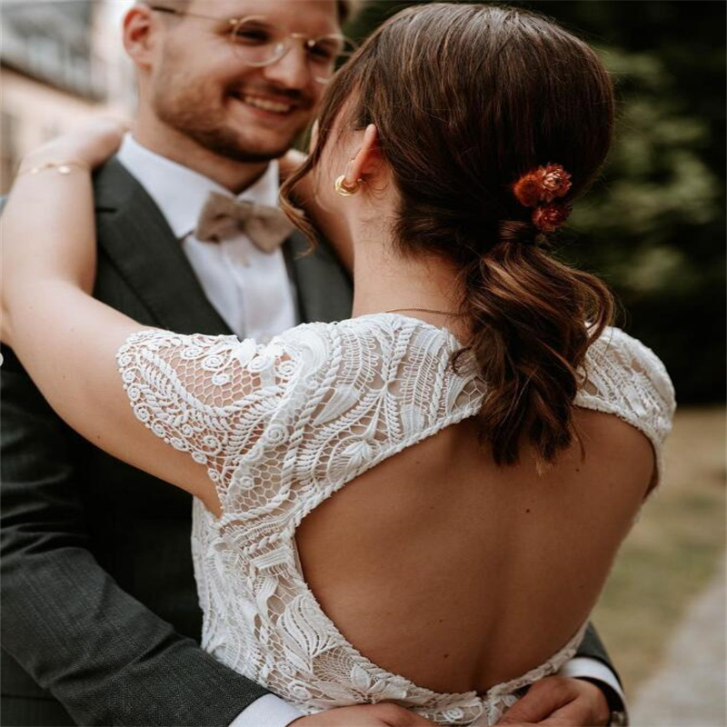 Plus Size Full Lace Bohemian Wedding Dress 2023 Cap Sleeves Mermaid Country Bridal Gown Sexy Open Back Elegant Women Civil Bride robe mariee Femme ves