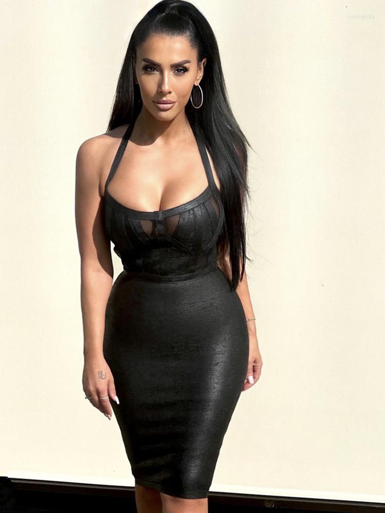 Casual Dresses Kors Summer Women Halter Backless Black Mesh Bronzing Bodycon Bandage Dress Evening Club