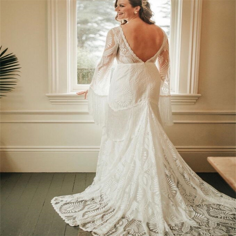 Plus Size Lace Beach Wedding Dress 2023 Elegant Long Sleeve Mermaid Boho Civil Bridal Dresses Flare Country Bohemian Backless Vestidos De Novia Boho R