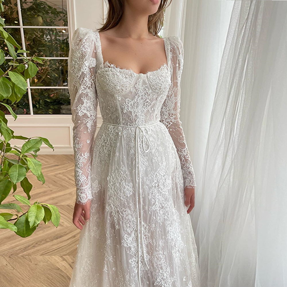 Graceful Full Lace Wedding Dresses Square Neck Bride Gowns Long Sleeve With Ribbon Robe De Mariee 326