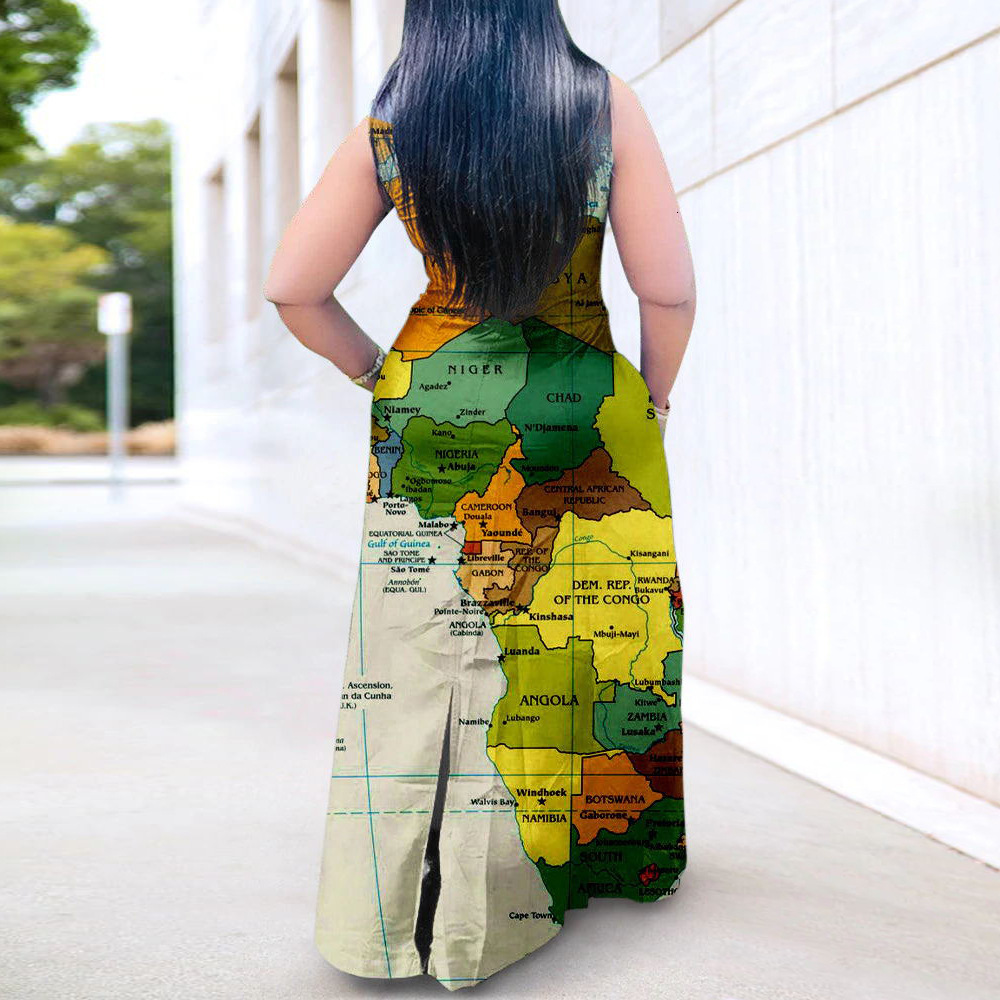 Plus size Dresses Fashion Summer Size Dress Casual Map Printing Sleeveless Lapel Shirt Maxi Long Dresse Wholesale Drop 230613