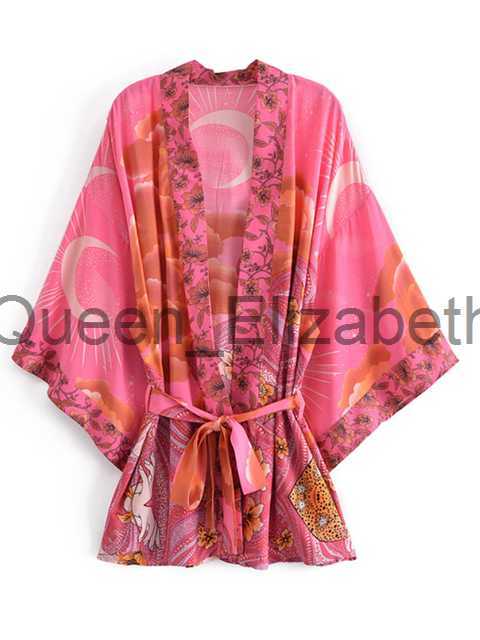 Casual Dresses Boho Vintage Star and Moon Floral Print Sashes Women Bohemian V Neck Batwing Sleeves Happie Short Robe Kimono Dress Cover-ups J230614