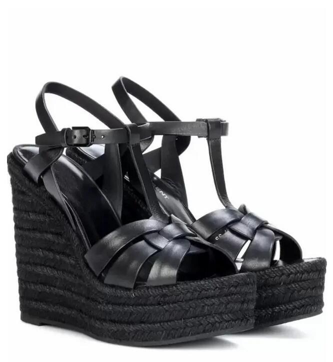 Top Brand Women sandal high heels wedges shoes Tribute leather wedge espadrille sandals Luxury design summer heeled black white leathers pump box 35-43