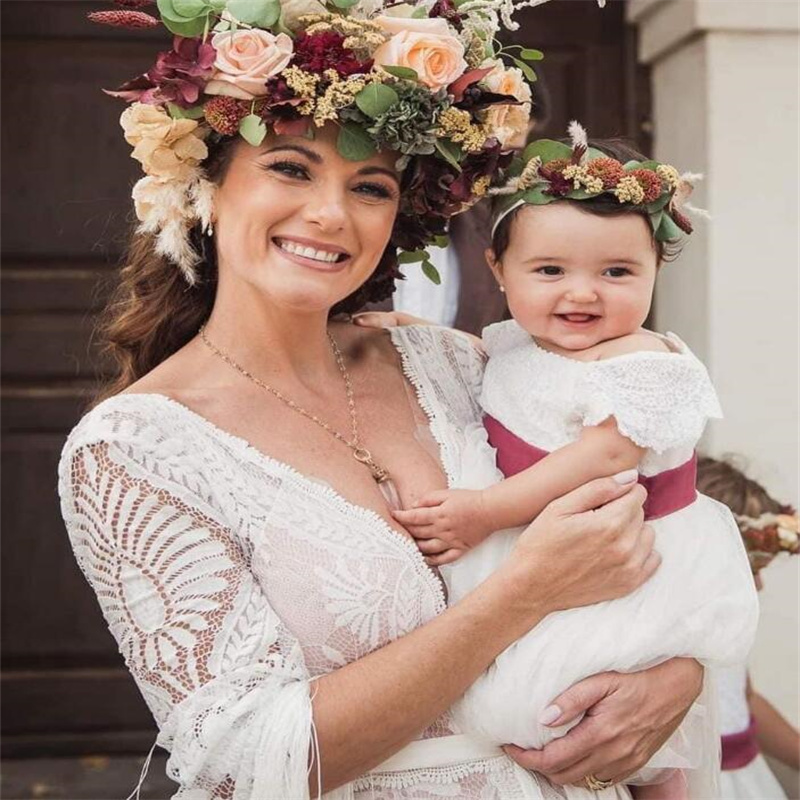 Hippie Crochet Lace Wedding Dress With Tassel Korean Fairy Long Sleeve Plus Size Bridal Gowns 2023 Backless Bohemian Beach Bride Vestidos De Novia Boh