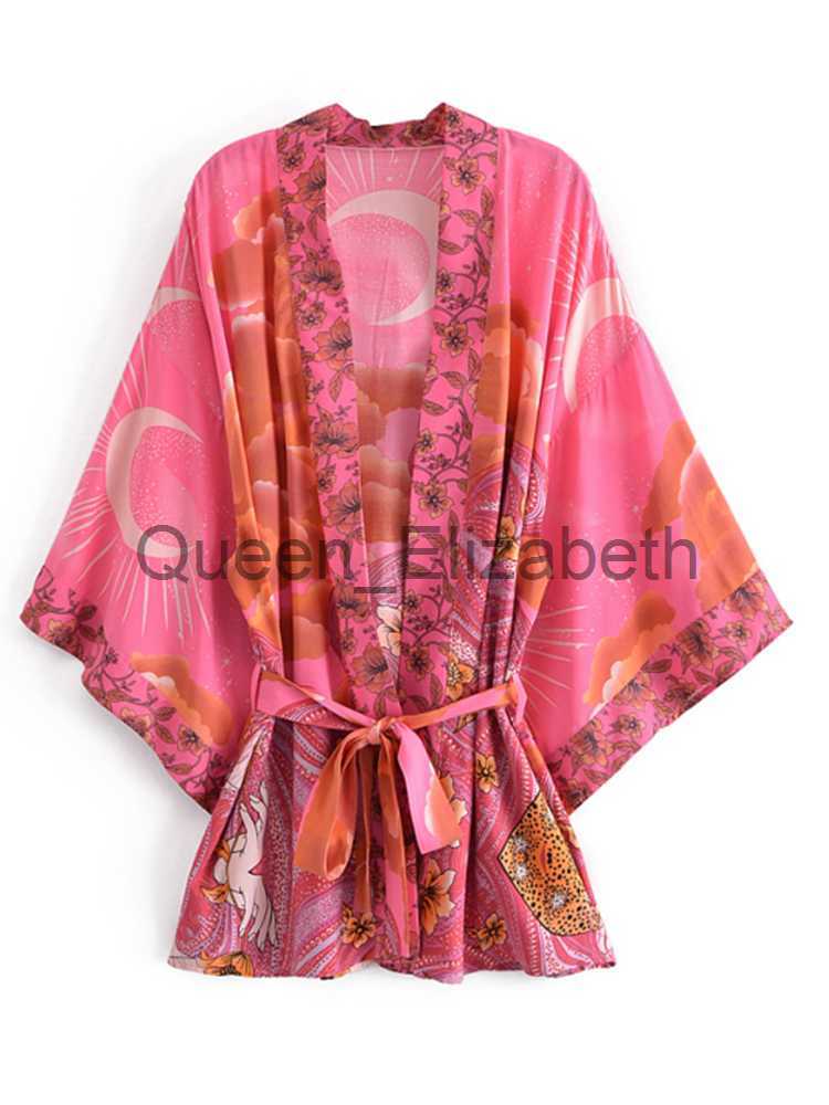 Casual Dresses Boho Vintage Star and Moon Floral Print Sashes Women Bohemian V Neck Batwing Sleeves Happie Short Robe Kimono Dress Cover-ups J230614