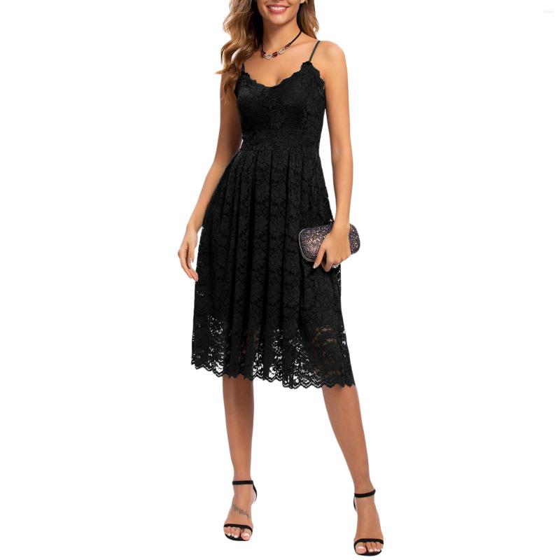 Casual Dresses Women Vintage Lace A-Line Dress Sling Sleeveless V-Neck Floral Mini Elegant Spaghetti Strap Cocktail Party Summer