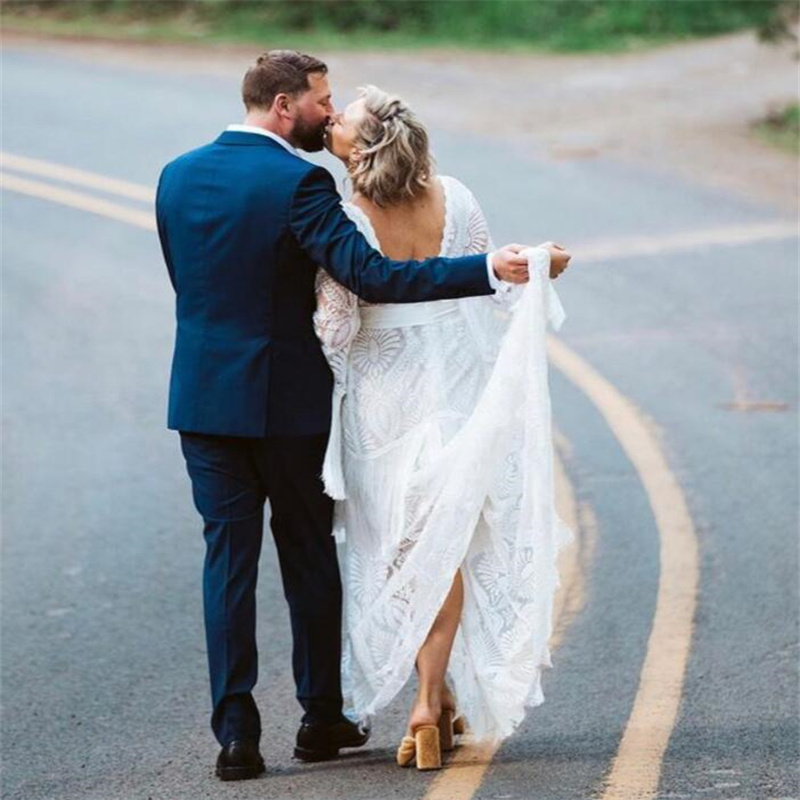 Plus Size Lace Beach Wedding Dress 2023 Elegant Long Sleeve Mermaid Boho Civil Bridal Dresses Flare Country Bohemian Backless Vestidos De Novia Boho R