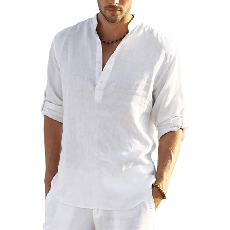 Mens Casual Shirts Cotton Linen Henley Shirt Long Sleeve Hippie Beach T 230614
