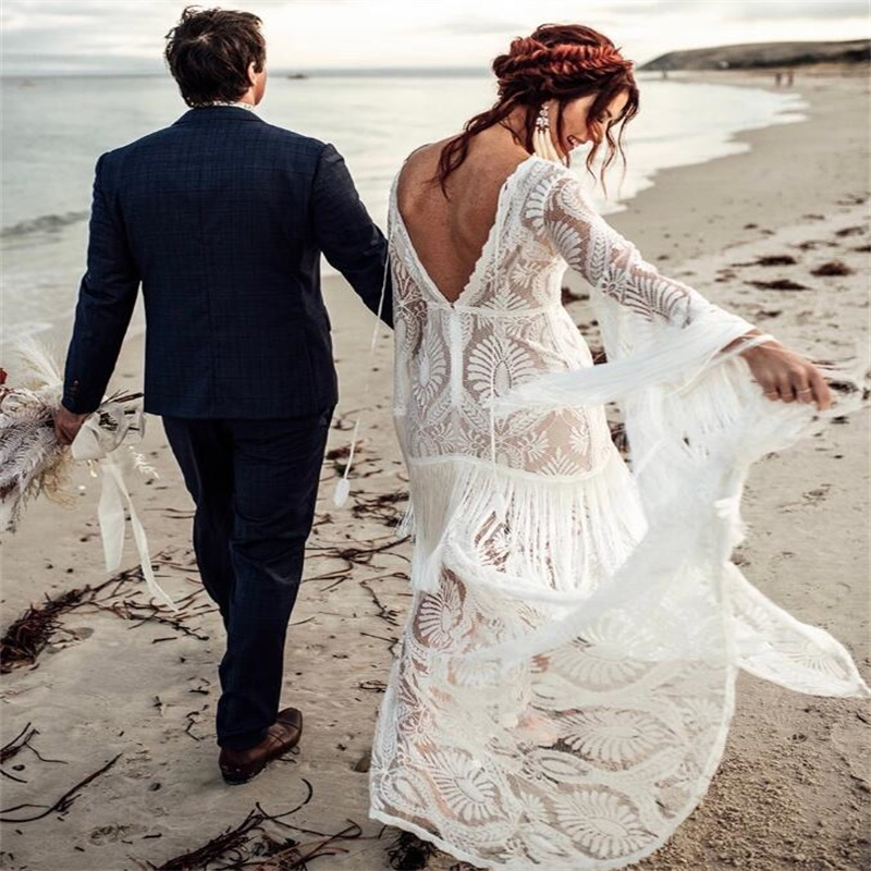 Hippie Crochet Lace Wedding Dress With Tassel Korean Fairy Long Sleeve Plus Size Bridal Gowns 2023 Backless Bohemian Beach Bride Vestidos De Novia Boh