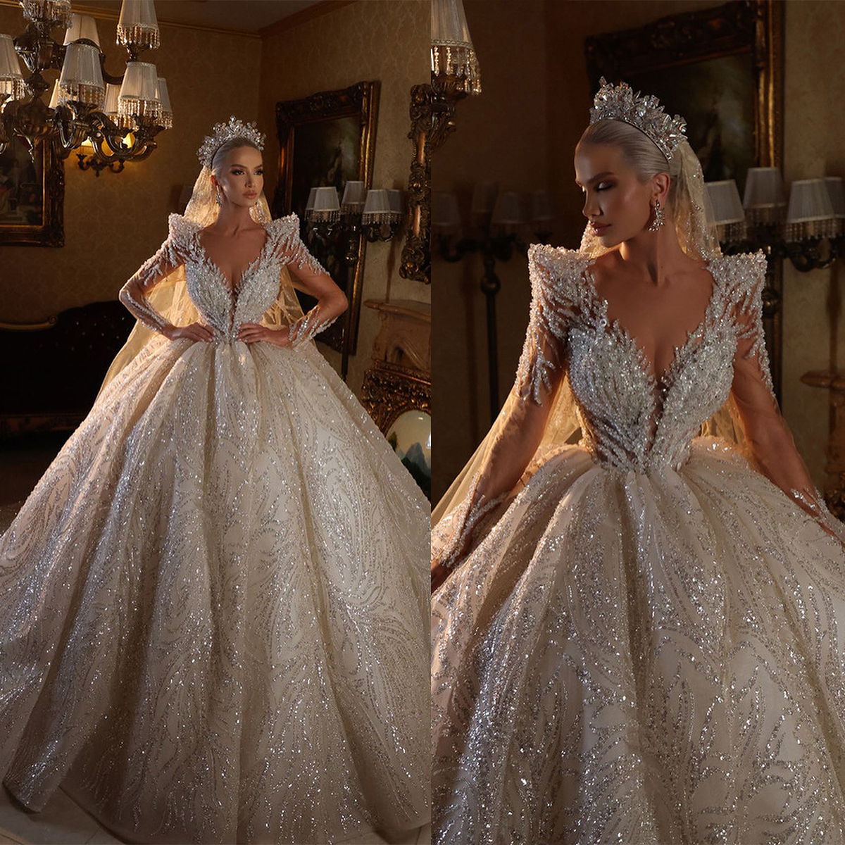 Luxury Ball Gown Wedding Dresses Art Deco-inspired Neck Shining Sequins Designer Long Sleeves Backless Court Gown Custom Made Plus Size Bridal Gown Ve