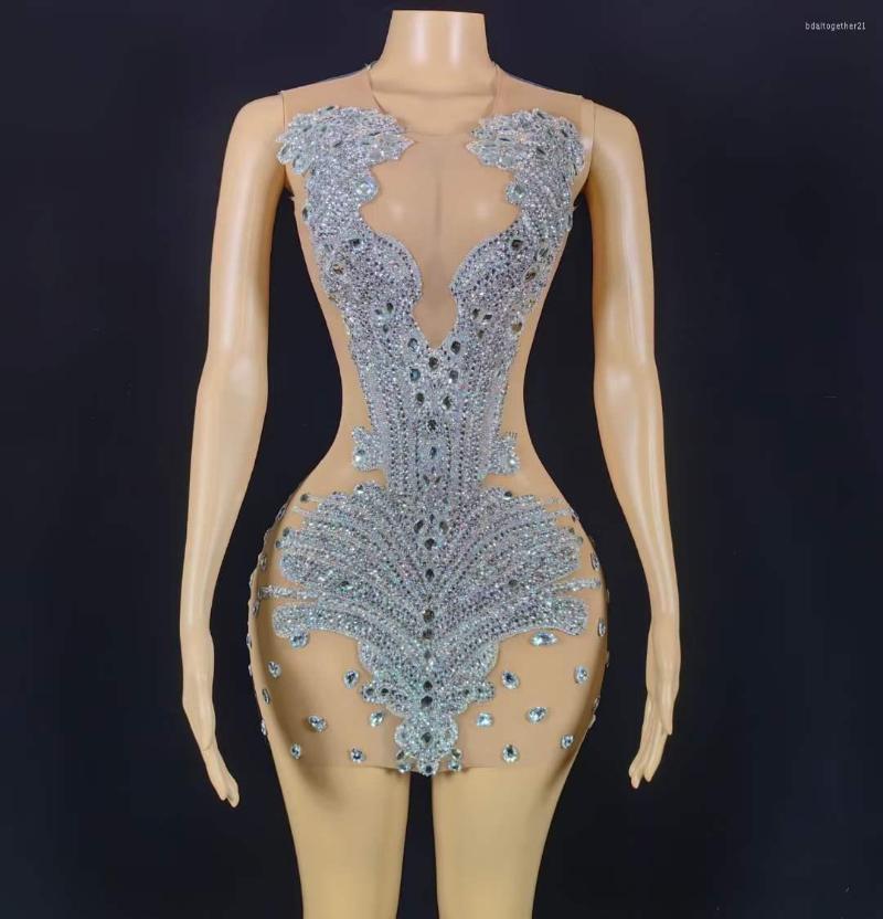 

Stage Wear Silver Women Stretch Mini Dress Birthday Queen Outfit Rhinestone Crystals See Through Mesh Stunning Singer