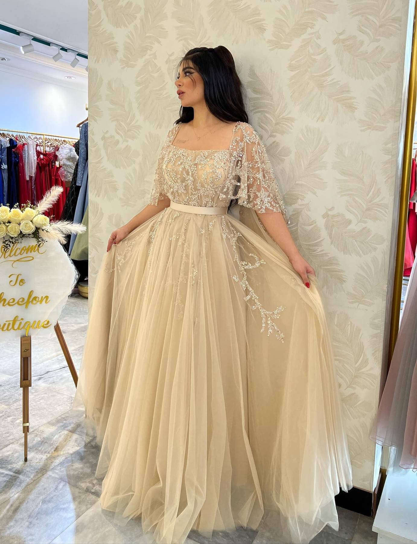 2024 Aso Ebi A-line Sequined Lace Prom Dress Square Tulle Evening Formal Party Second Reception Birthday Bridesmaid Engagement Gowns Dresses Robe De S
