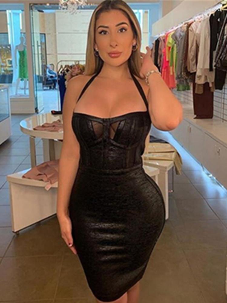 Casual Dresses Kors Summer Women Halter Backless Black Mesh Bronzing Bodycon Bandage Dress Evening Club