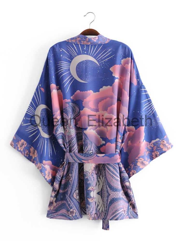 Casual Dresses Boho Vintage Star and Moon Floral Print Sashes Women Bohemian V Neck Batwing Sleeves Happie Short Robe Kimono Dress Cover-ups J230614