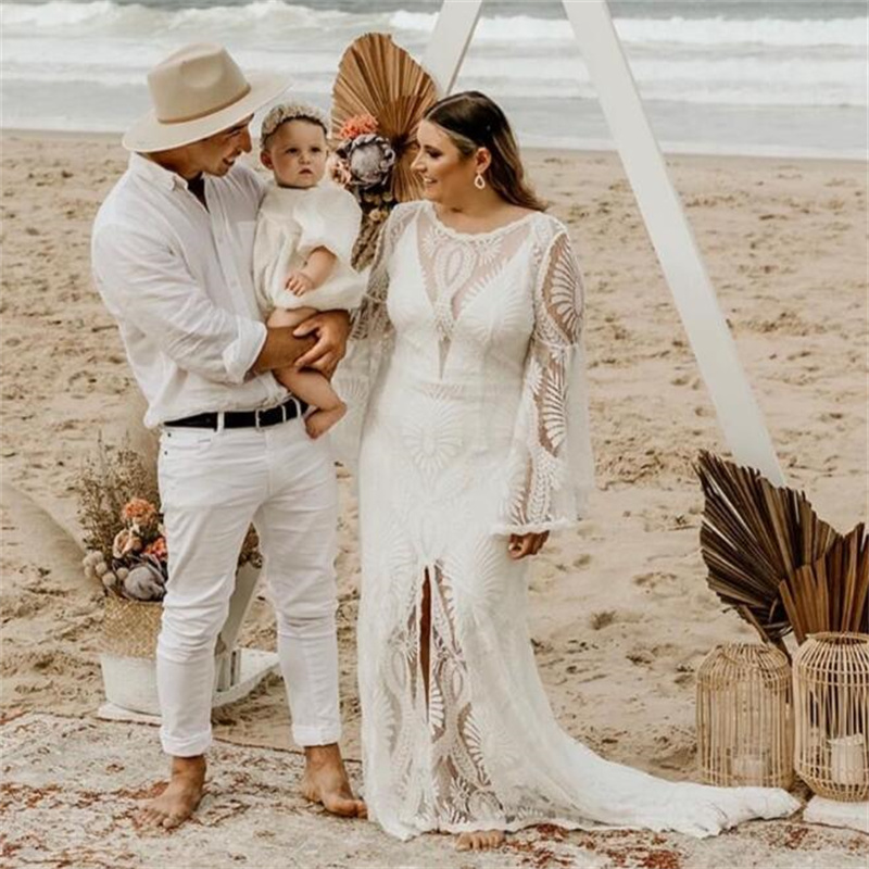Plus Size Lace Beach Wedding Dress 2023 Elegant Long Sleeve Mermaid Boho Civil Bridal Dresses Flare Country Bohemian Backless Vestidos De Novia Boho R