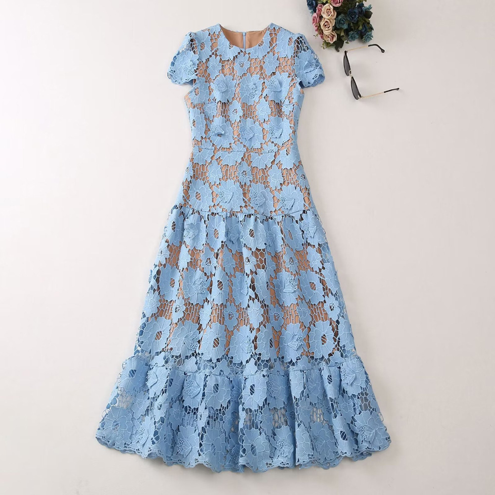 Casual Dresses S-elf-Portrait Lace Midi Dress Round Neck Short Sleeve A-line Dress for Women