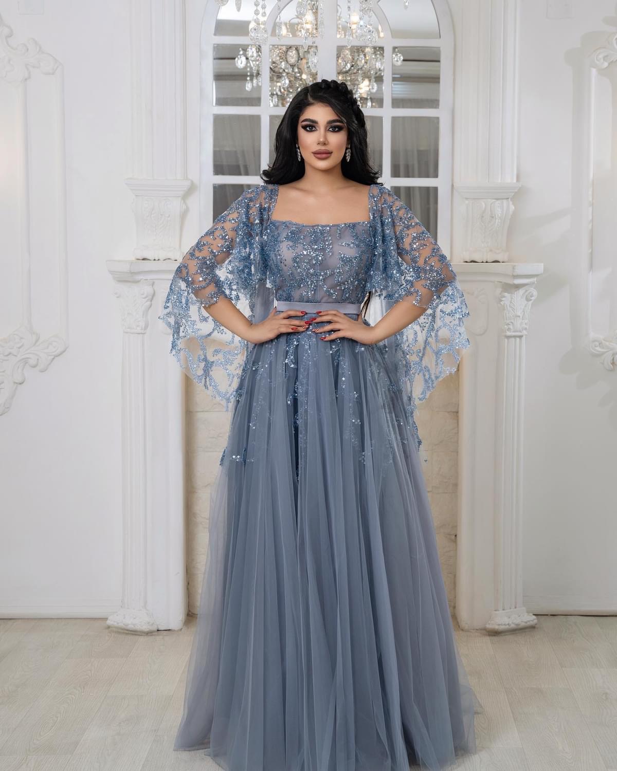 2024 Aso Ebi A-line Sequined Lace Prom Dress Square Tulle Evening Formal Party Second Reception Birthday Bridesmaid Engagement Gowns Dresses Robe De S
